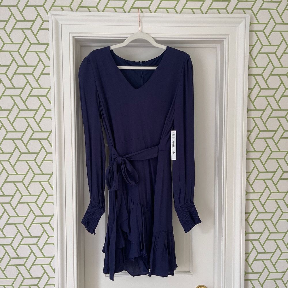 Navy Aqua long sleeve belted dress
